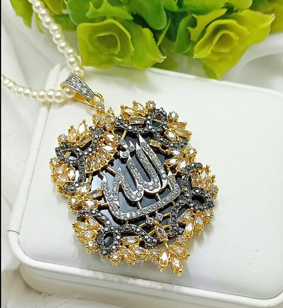 Allah name calligraphy pendant with pearl necklace