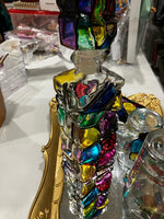 Stained glass painted bottle with 4 drinking glasses and golden tray