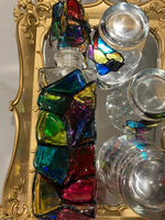 Stained glass painted bottle with 4 drinking glasses and golden tray