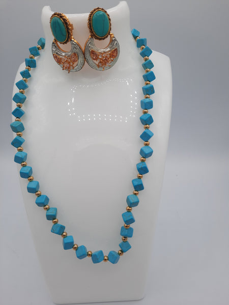 Sky Blue Half moon curve earrings with blue beads necklace - NATASHAHS