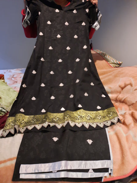 Stittched black embroidred silk cotton dress on self print cotton