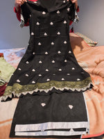 Stittched black embroidred silk cotton dress on self print cotton