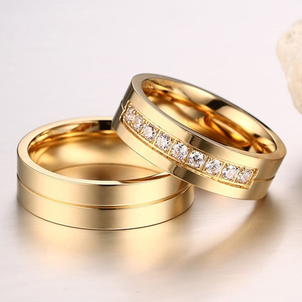 Fashion Women Men Couples AAA CZ Stainless Steel 18K Gold Plated Cubic Zirconia Wedding Band Ring 1pc