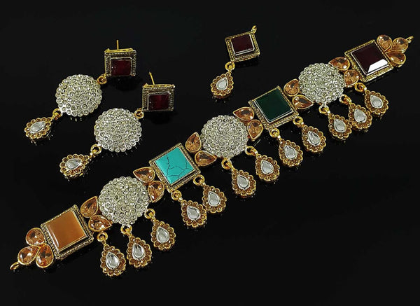 Peacock Style Jewelry in Golden base with multi-color precious stones - NATASHAHS