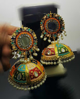 Full moon round colorful meena Jhumkay with handwork and pearls - NATASHAHS