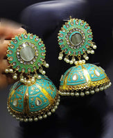 Full moon round colorful meena Jhumkay with handwork and pearls - NATASHAHS