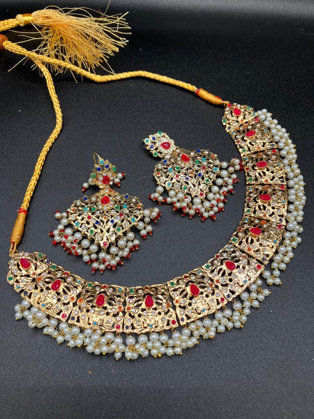 Hyderabadi jewelry set with golden plated choker & earrings- NS0181 - NATASHAHS