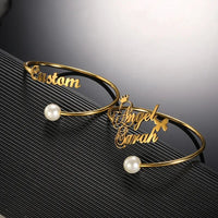 Personalized Pearl Name Bangles For Women Fashion Jewelry Stainless Steel Customized Adjustable Bracelets & Bangles Party Gifts