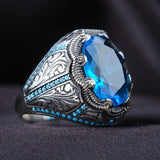 Retro Handmade Turkish Rings for Men Vintage Metal Silver Color Inlaid Blue Zircon Punk Ring Jewelry