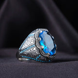 Retro Handmade Turkish Rings for Men Vintage Metal Silver Color Inlaid Blue Zircon Punk Ring Jewelry