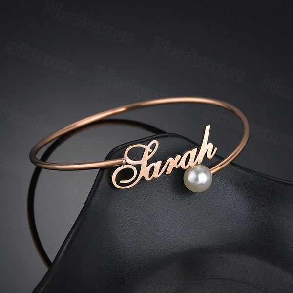 Personalized Name Charm Adjustable Gold Bracelet with Pearl for Lovers - NATASHAHS