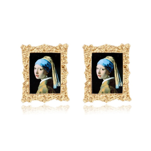 Mona Lisa Head Portrait Landscape Alloy Earrings - NATASHAHS