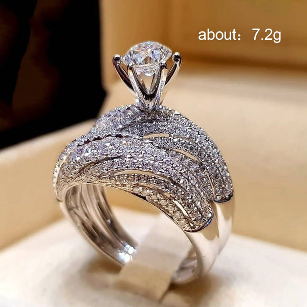 Natashahs Romantic Crystal White Round Ring Set Luxury Promise Engagement Ring Vintage Bridal Wedding Rings for Women Girls - NATASHAHS