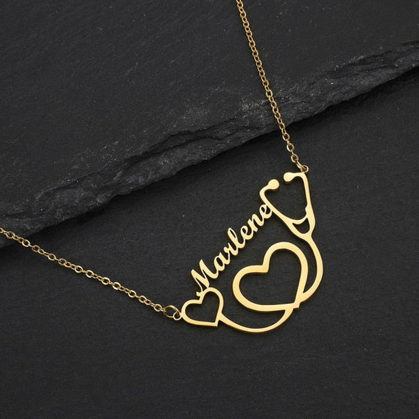 Personalized Name Necklace with a stethoscope and a heart For Women Men Gold Silver Chain Lovers